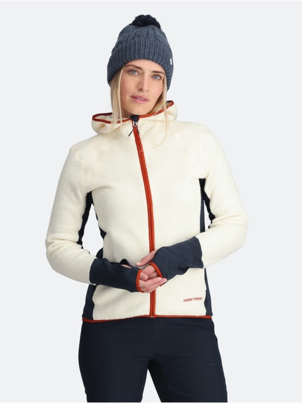 Kari Traa Cream Teddy Jacket with Navy Panels and Rust Trim
